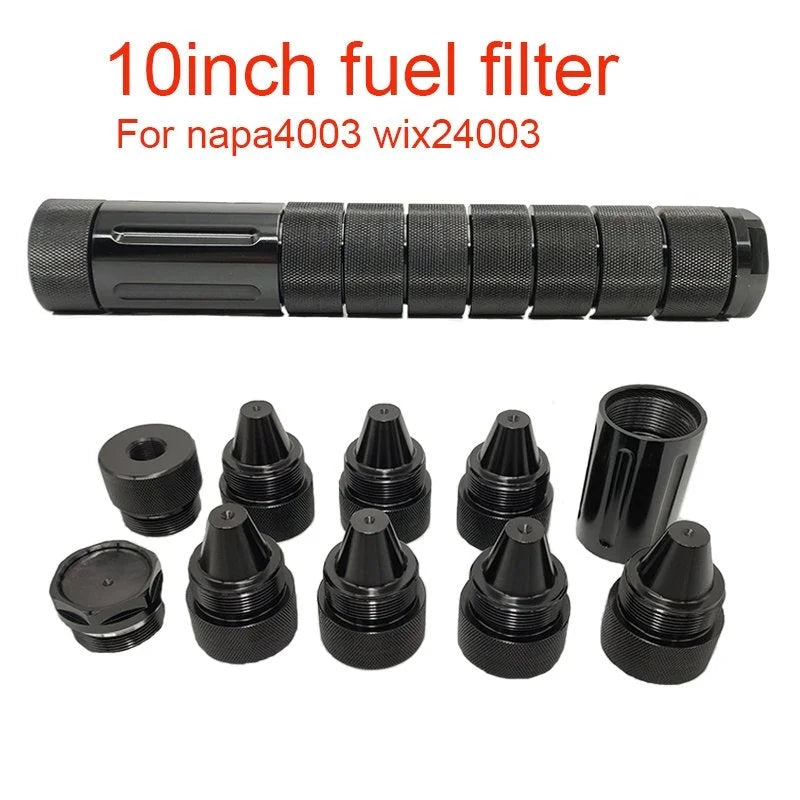 CAR SCREW KIT 10''L 1.58''OD ALUMINUM 7075 MODULAR SOLVENT FUEL FILTER 1.375X24 TUBE 5/8X24 + DRILL JIG FIXTURE GUIDE